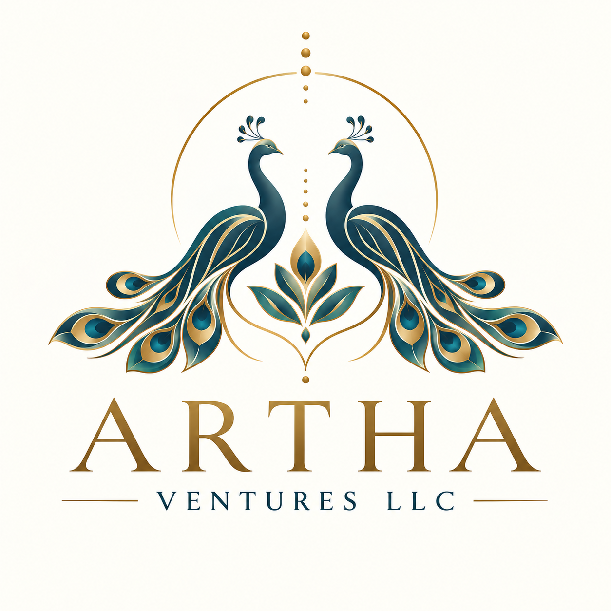 Artha's gold and teal peacock brand mark